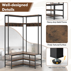 L-formet hjørnestativ i trækomposit og metal 90x90x178 cm med hylder og bænk