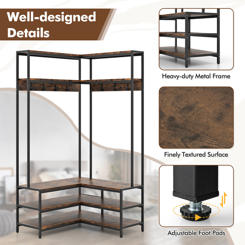 L-formet hjørnestativ i trækomposit og metal 90x90x178 cm med hylder og bænk