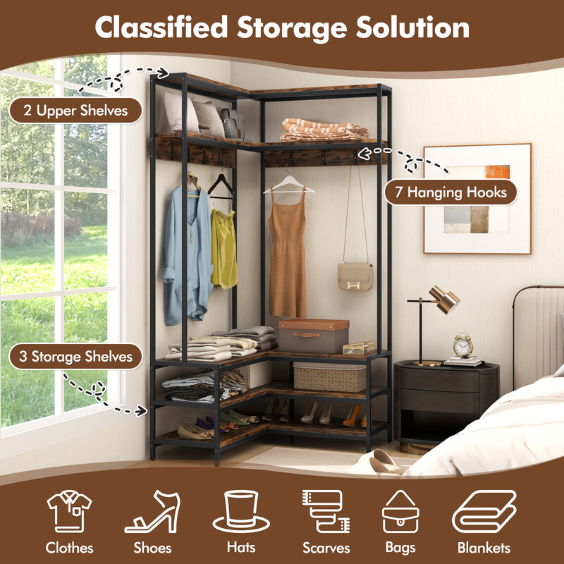 L-formet hjørnestativ i trækomposit og metal 90x90x178 cm med hylder og bænk