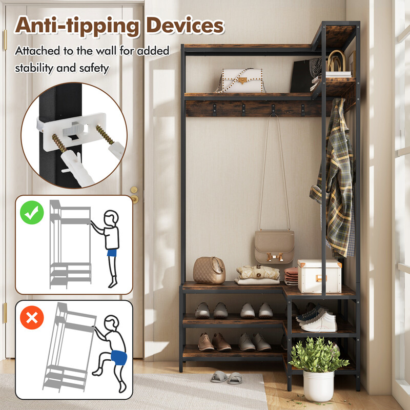 L-formet hjørnestativ i trækomposit og metal 90x90x178 cm med hylder og bænk