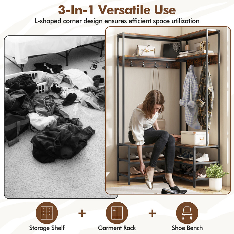 L-formet hjørnestativ i trækomposit og metal 90x90x178 cm med hylder og bænk