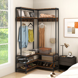 L-formet hjørnestativ i trækomposit og metal 90x90x178 cm med hylder og bænk