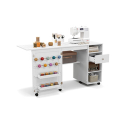 Sammenklappeligt 2-i-1 sy- og skrivebord med opbevaring hvid MDF 146x50x78 cm