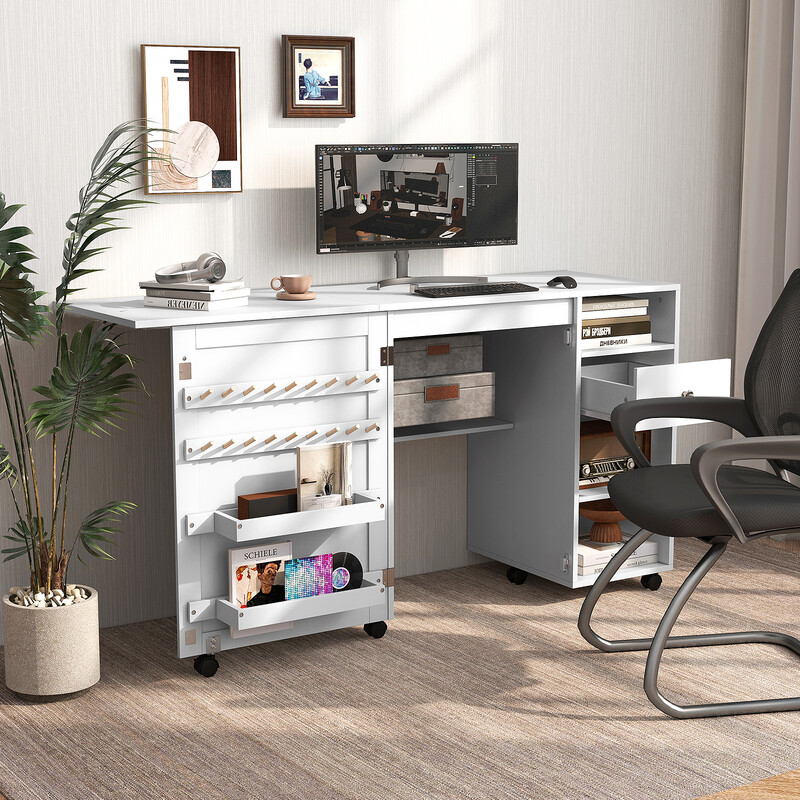 Sammenklappeligt 2-i-1 sy- og skrivebord med opbevaring hvid MDF 146x50x78 cm