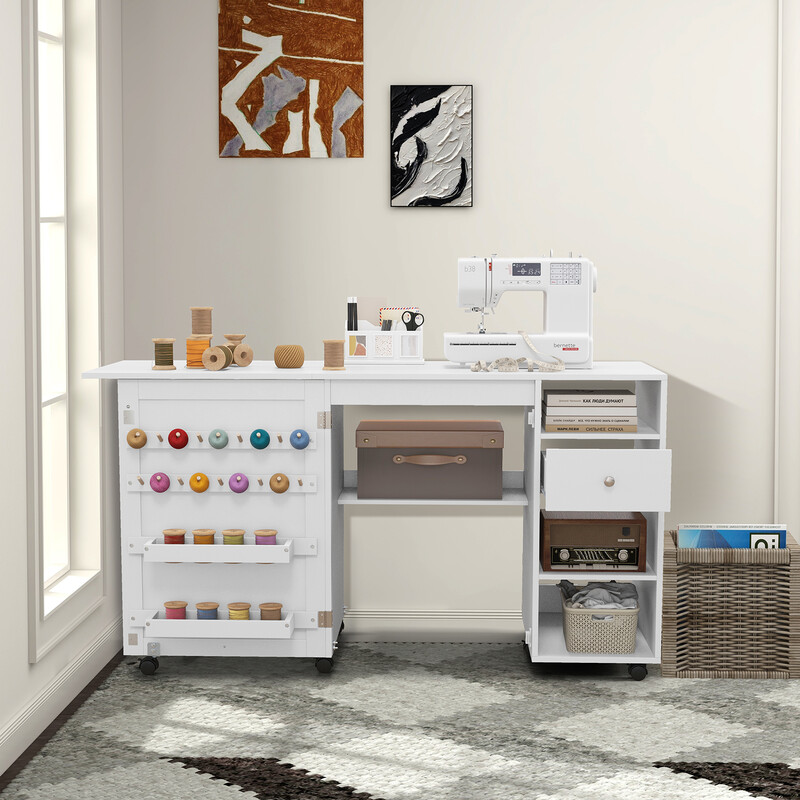 Sammenklappeligt 2-i-1 sy- og skrivebord med opbevaring hvid MDF 146x50x78 cm