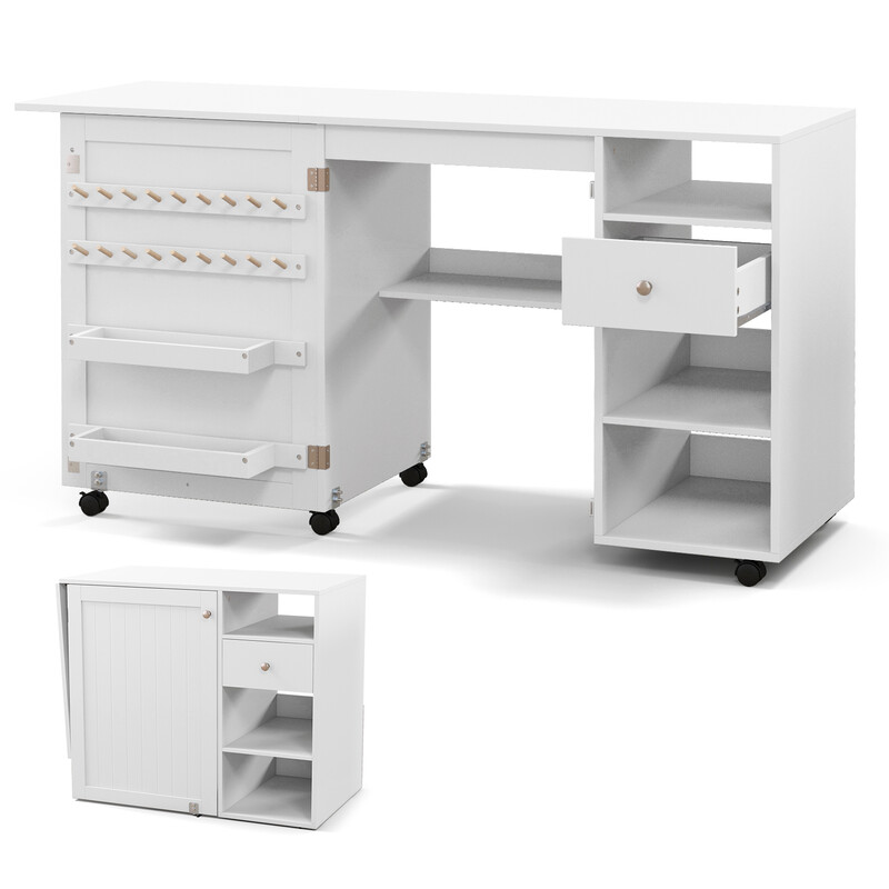 Sammenklappeligt 2-i-1 sy- og skrivebord med opbevaring hvid MDF 146x50x78 cm