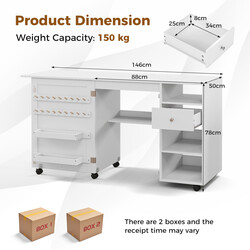 Sammenklappeligt 2-i-1 sy- og skrivebord med opbevaring hvid MDF 146x50x78 cm