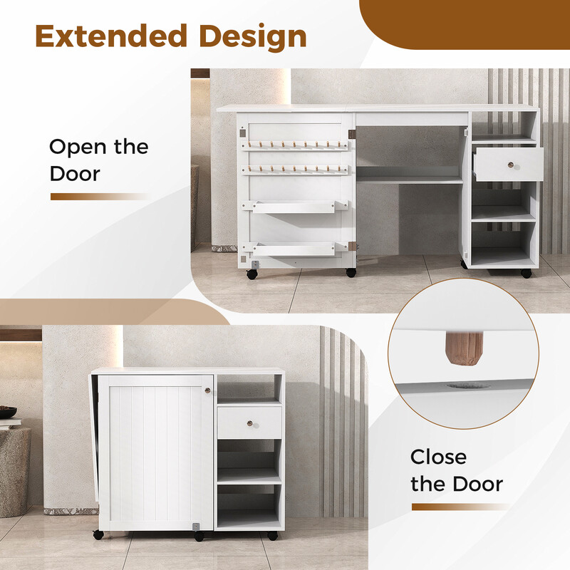 Sammenklappeligt 2-i-1 sy- og skrivebord med opbevaring hvid MDF 146x50x78 cm