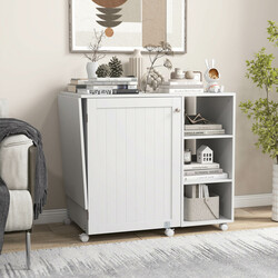 Sy- og arbejdsbord hvid MDF med opbevaring foldbart 146x50x78 cm 6 hjul