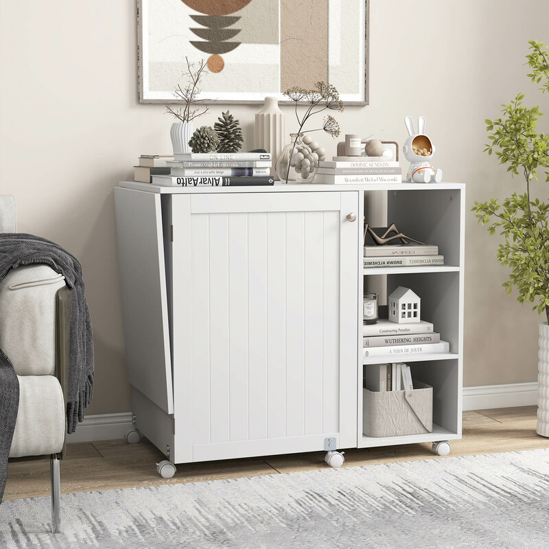 Sy- og arbejdsbord hvid MDF med opbevaring foldbart 146x50x78 cm 6 hjul