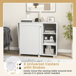 Sy- og arbejdsbord hvid MDF med opbevaring foldbart 146x50x78 cm 6 hjul