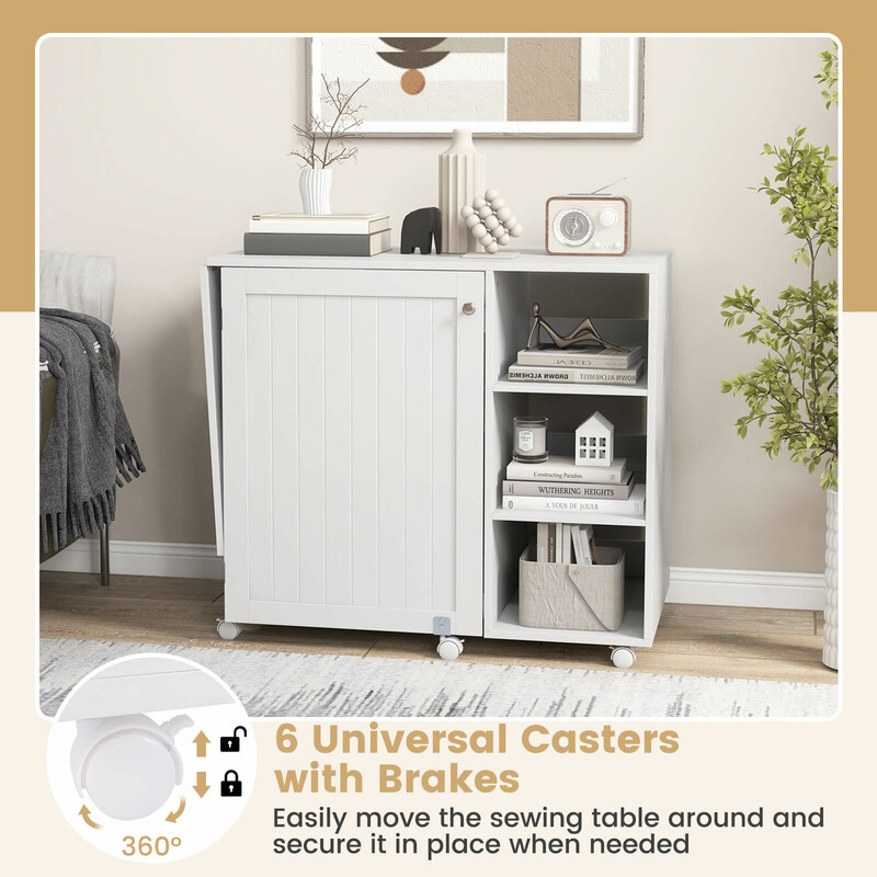 Sy- og arbejdsbord hvid MDF med opbevaring foldbart 146x50x78 cm 6 hjul