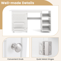 Sy- og arbejdsbord hvid MDF med opbevaring foldbart 146x50x78 cm 6 hjul