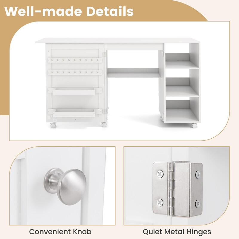 Sy- og arbejdsbord hvid MDF med opbevaring foldbart 146x50x78 cm 6 hjul