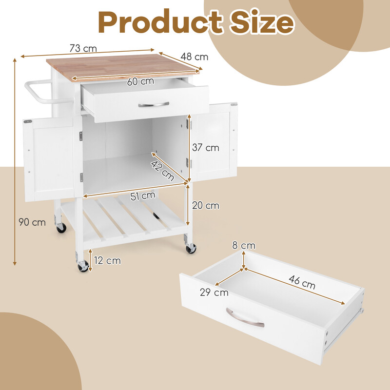Køkkenvogn hvid gummitræ MDF 73x48x90 cm med skuffe og hylde