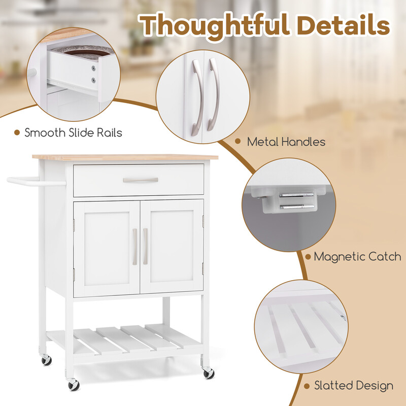 Køkkenvogn hvid gummitræ MDF 73x48x90 cm med skuffe og hylde