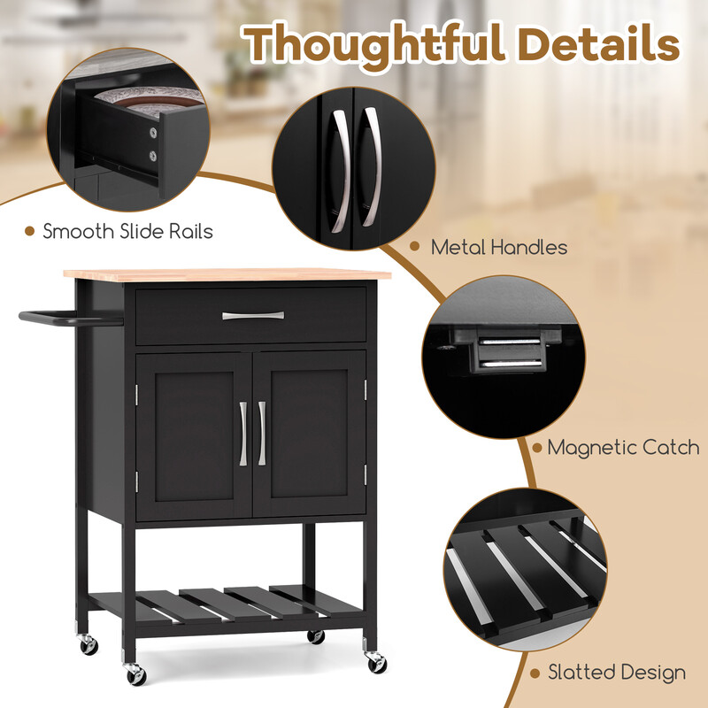 Køkkenvogn hvid gummitræ MDF 73x48x90 cm med arbejdsbord og skab