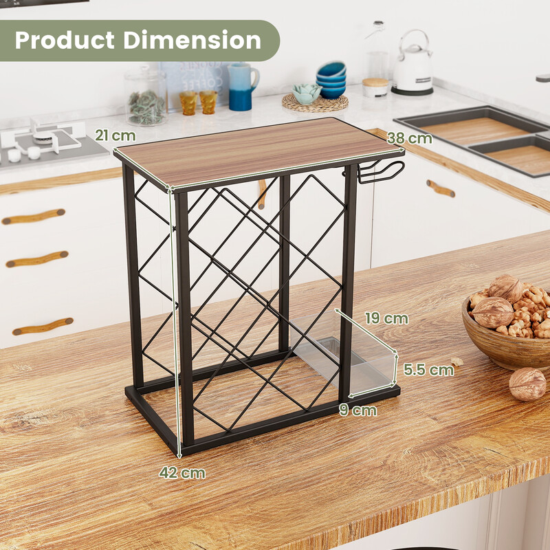 Vinflaskestativ 8 flasker og 3 glas MDF metal retro brun 39x21x42 cm