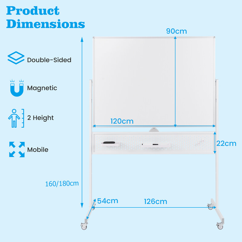 Mobil metal whiteboard 120x90 cm dobbelt side justerbar højde magnetisk