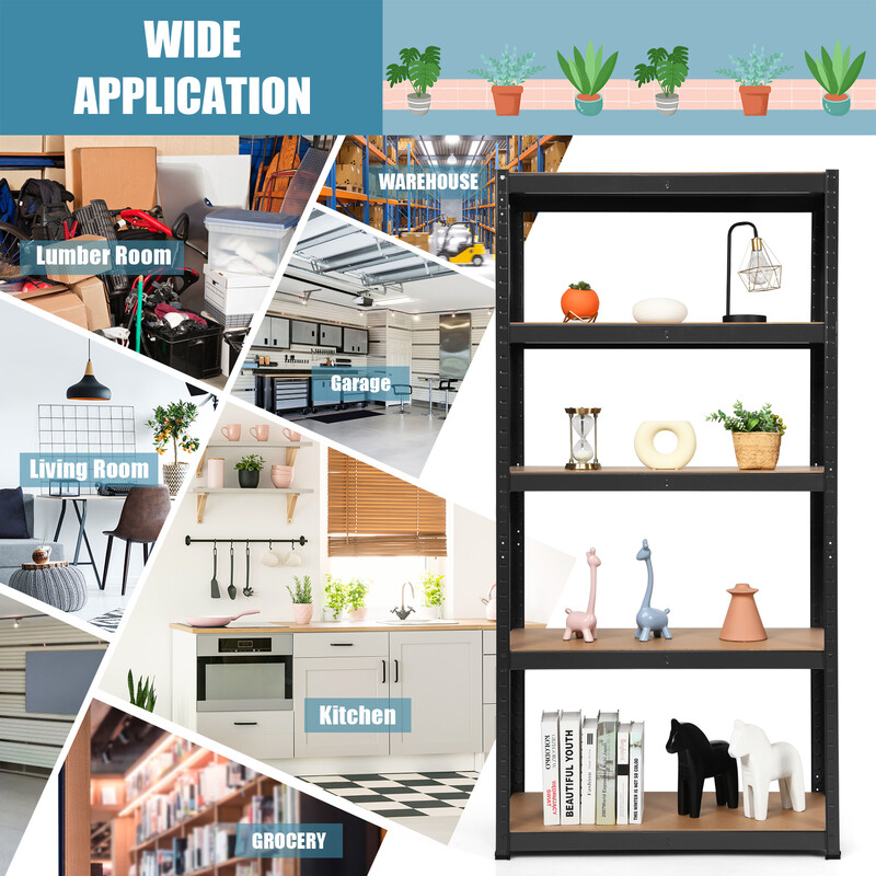 5-niveau hylde i galvaniseret stål og MDF 90x40x180 cm grå