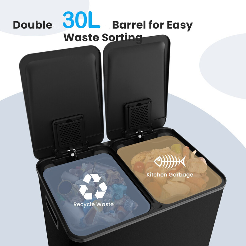 Sort skraldespand to 30L rum rustfrit stål blødt lukkende låg køkken