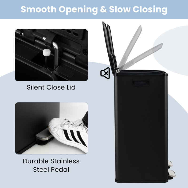 Sort skraldespand to 30L rum rustfrit stål blødt lukkende låg køkken