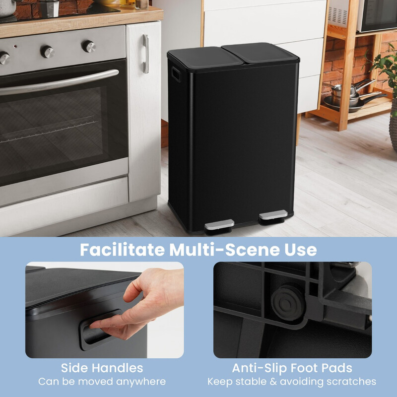 Sort skraldespand to 30L rum rustfrit stål blødt lukkende låg køkken