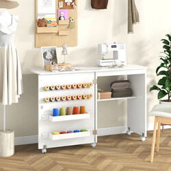 Sammenklappeligt sybord og skrivebord med opbevaring hjul og hvid finish
