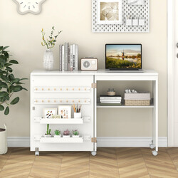 Sammenklappeligt sybord og skrivebord med opbevaring hjul og hvid finish