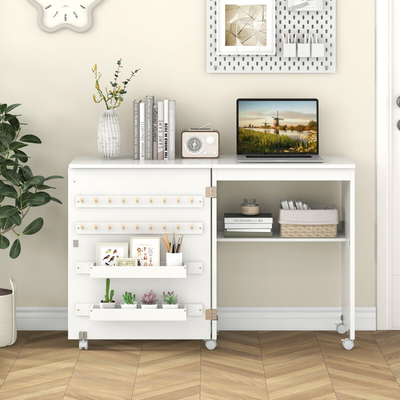 Sammenklappeligt sybord og skrivebord med opbevaring hjul og hvid finish