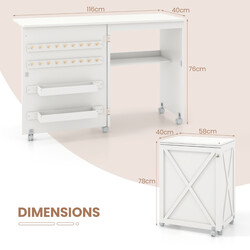 Sammenklappeligt sybord og skrivebord med opbevaring hjul og hvid finish