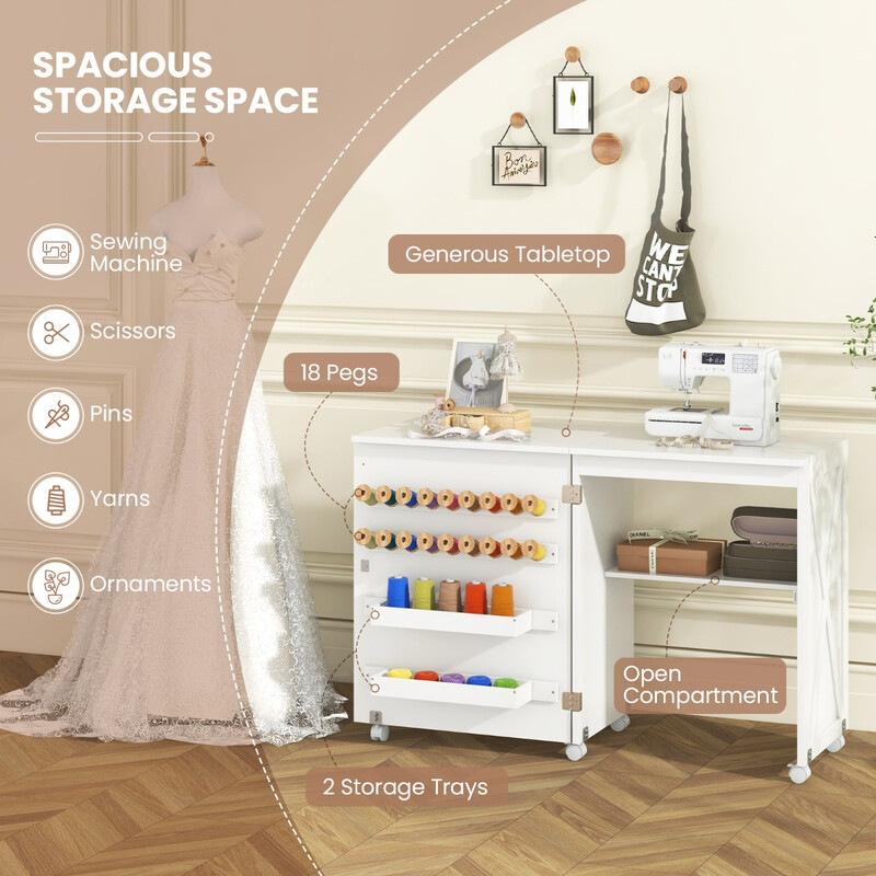 Sammenklappeligt sybord og skrivebord med opbevaring hjul og hvid finish