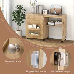 Sammenklappeligt sybord og skrivebord hvid træ med opbevaring og låsbare hjul