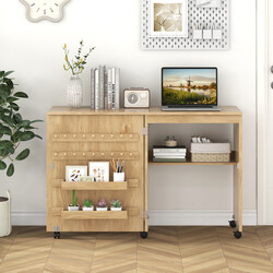 Sammenklappeligt sybord og skrivebord hvid træ med opbevaring og låsbare hjul