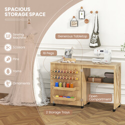 Sammenklappeligt sybord og skrivebord hvid træ med opbevaring og låsbare hjul