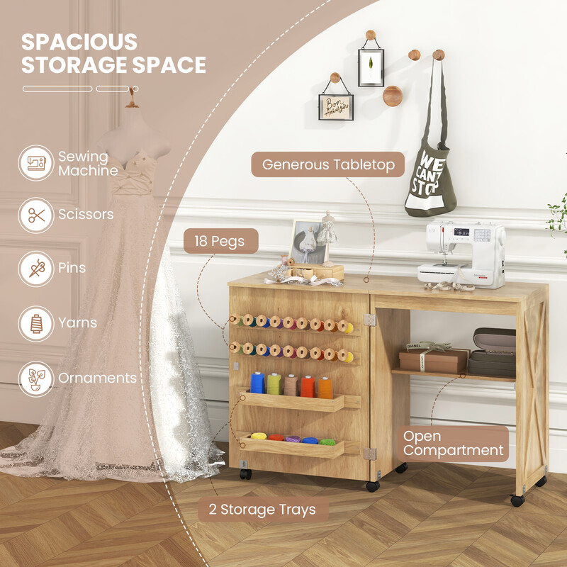 Sammenklappeligt sybord og skrivebord hvid træ med opbevaring og låsbare hjul