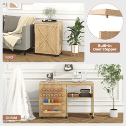 Sammenklappeligt sybord og skrivebord hvid træ med opbevaring og låsbare hjul