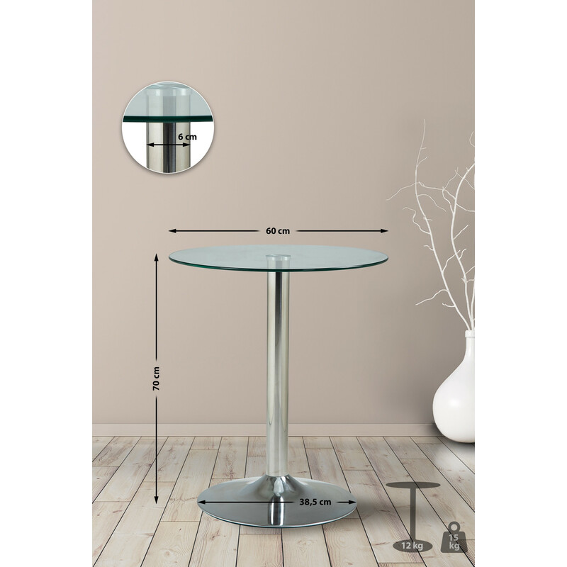 Elegant rundt glasbord med kromramme 60 cm til spisning og sidebord