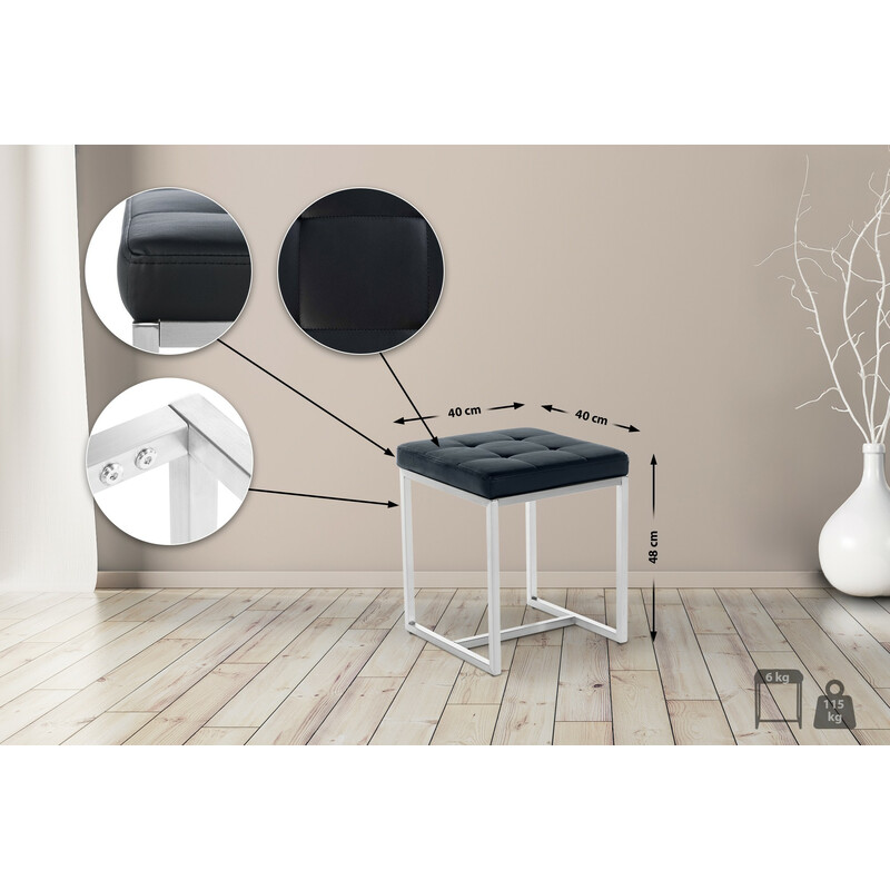 Polstret siddepuff 40x40x48 cm med firebenet rustfri stål ramme