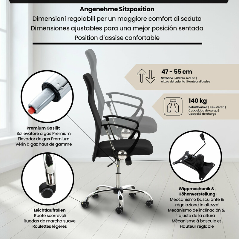 Ergonomisk kontorstol med netryg gasløft armlæn og svingmekanisme