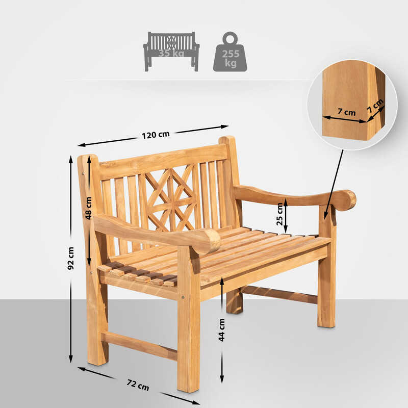 Robust ergonomisk Florida teakbænk til have og terrasse helårs