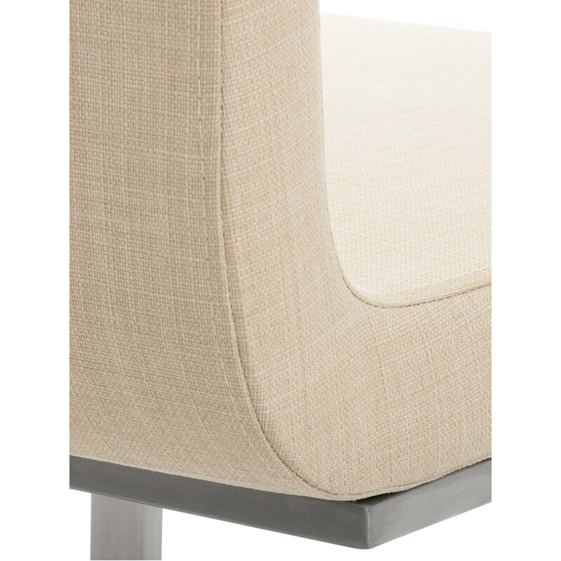 Moderne spisestol med svingende rustfri stålramme og stofbetræk