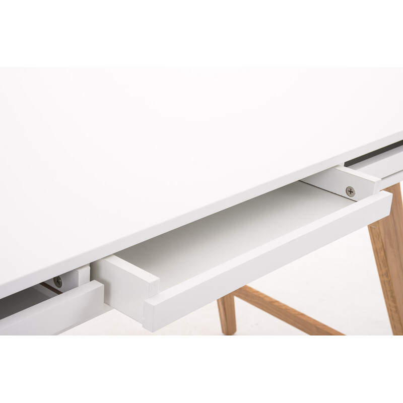 Moderne hvid skrivebord med egetræben og skuffer 110 cm