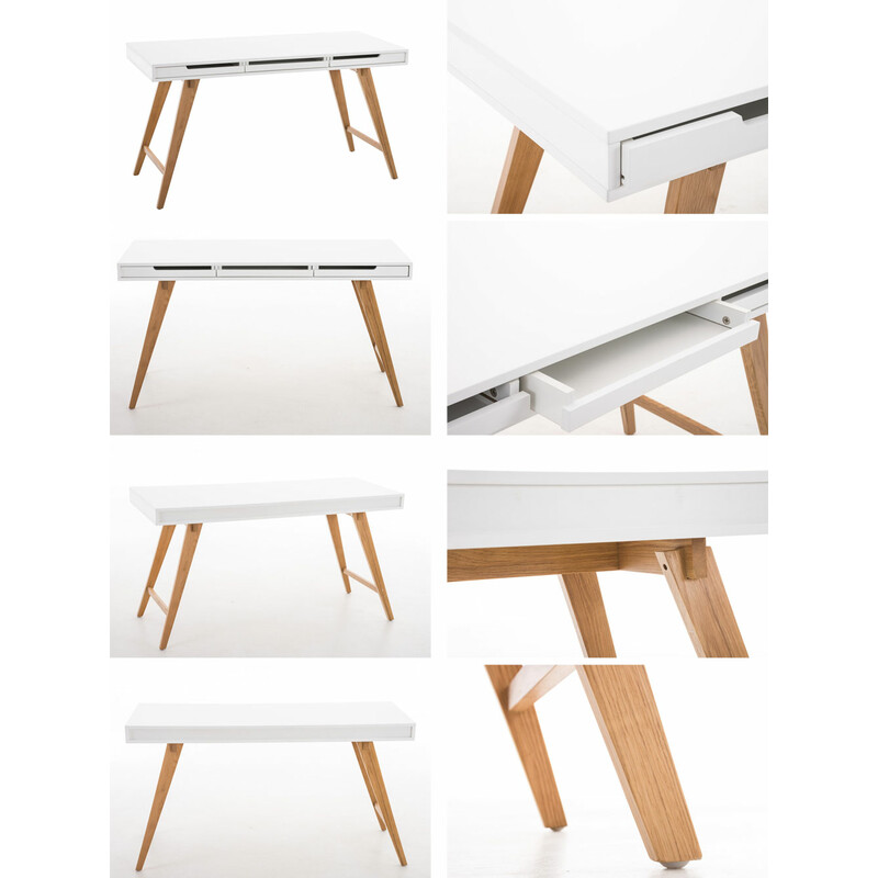 Moderne hvid skrivebord med egetræben og skuffer 110 cm
