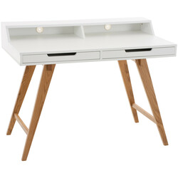 Moderne hvid skrivebord med egetræ ben og opbevaring 110 cm