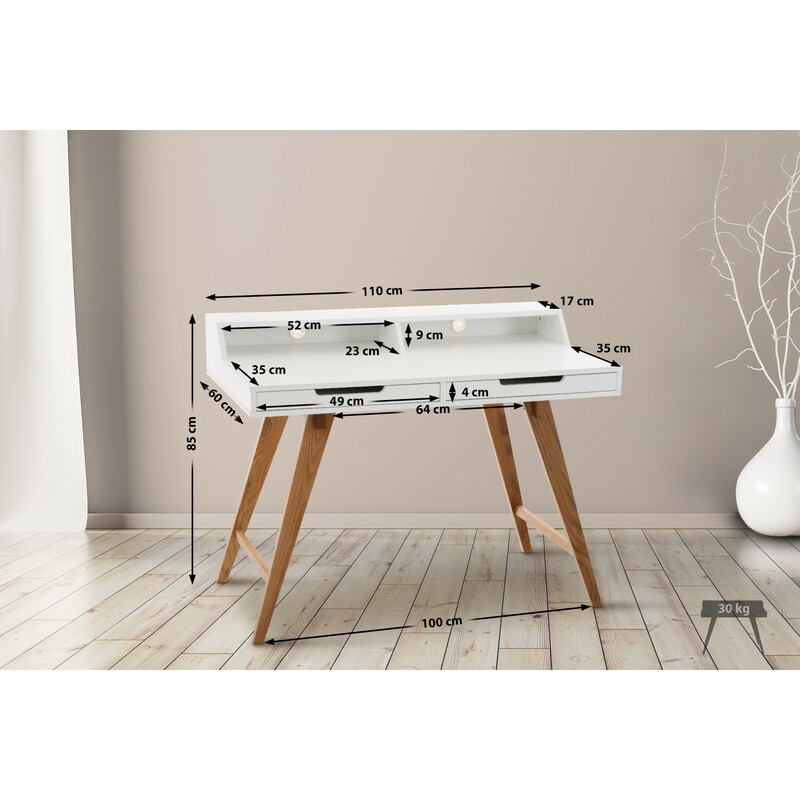 Moderne hvid skrivebord med egetræ ben og opbevaring 110 cm