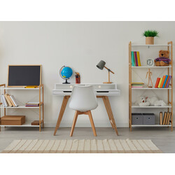 Moderne hvid skrivebord med egetræ ben og opbevaring 110 cm