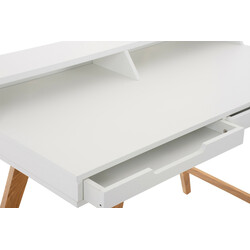 Moderne hvid skrivebord med egetræ ben og opbevaring 110 cm