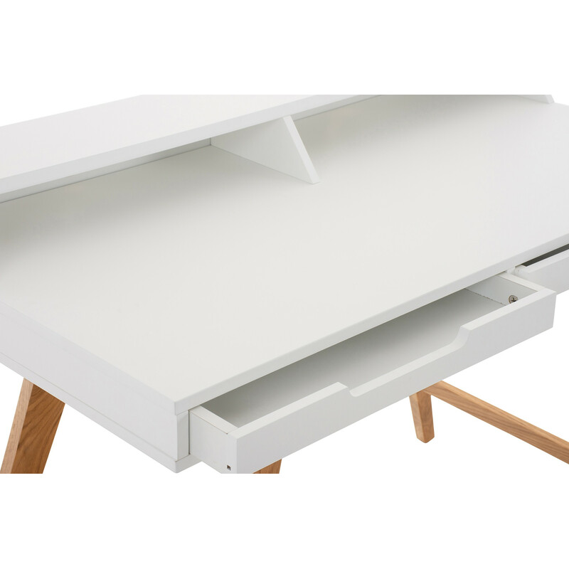 Moderne hvid skrivebord med egetræ ben og opbevaring 110 cm