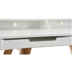 Moderne hvid skrivebord med egetræ ben og opbevaring 110 cm